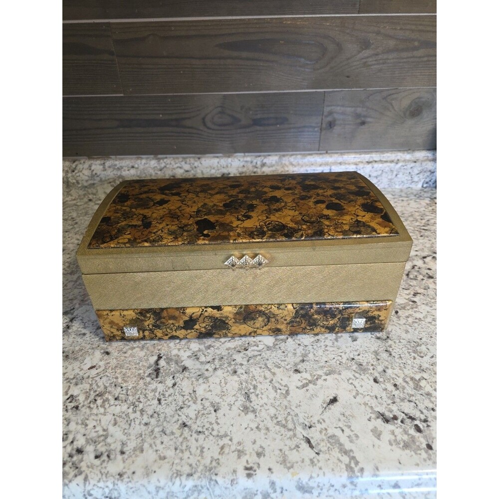 Vintage Sarah Coventry Gold Tone Marbled Jewelry Box Hostess Gift Large 1970s